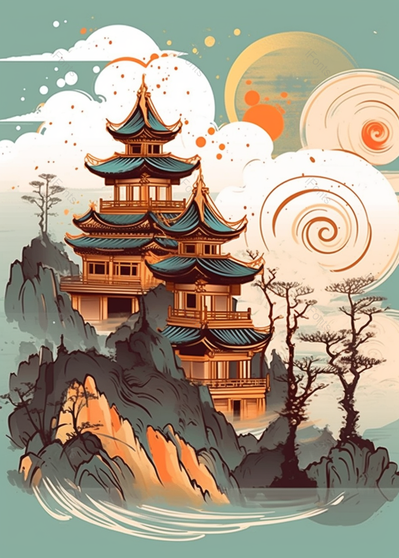 国潮古风插画山脉建筑设计背景,插画/手绘图,插画/手绘图库,插画/手绘图下载,插画/手绘
